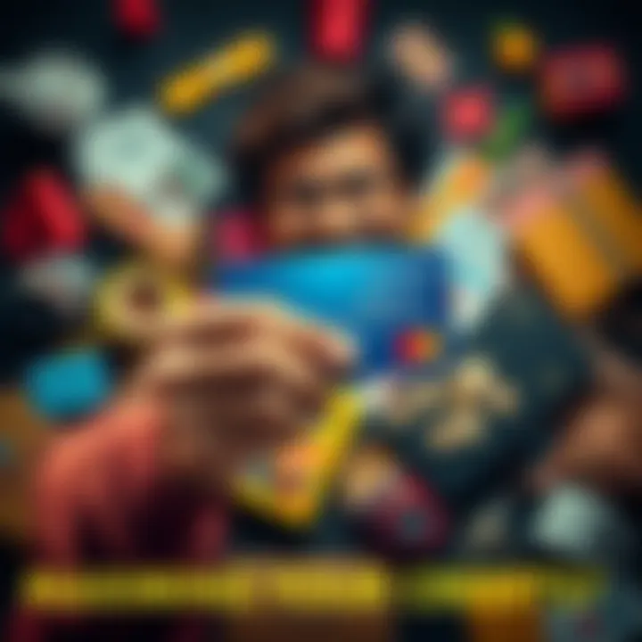 A person holding a credit card surrounded by various items like coffee, travel tickets, and gadgets symbolizing purchase options with credits.
