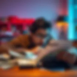 A person looking concerned while checking their credit card statement, surrounded by bills on a table.