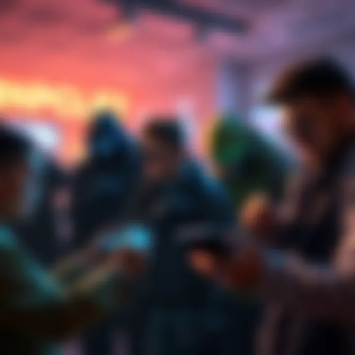 A group of players discussing the Creep Impact world event with puzzled expressions, examining achievement triggers on their devices.