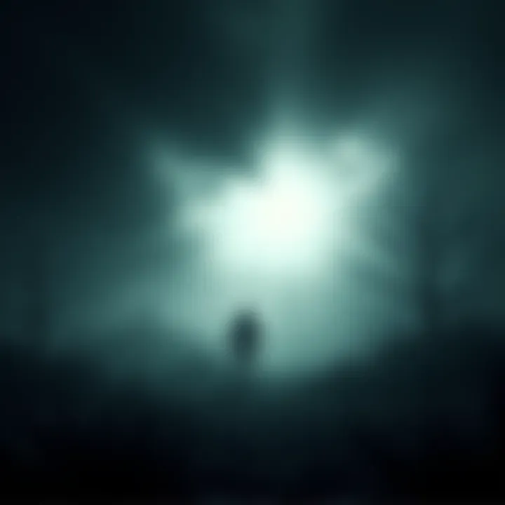 Creepy Game Scene A dark, atmospheric landscape with fog and eerie shadows, suggesting a horror setting without jumpscares.