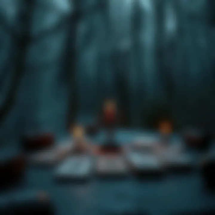 A dark forest background with creepy cards on a table, showcasing a spooky atmosphere in Inscryption.