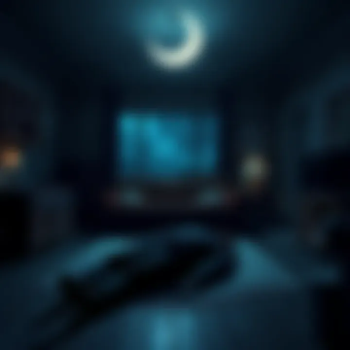 Creepy Crescent Moon Over a Crime Scene A dark living room with a corpse on the floor, illuminated by a creepy crescent moon outside the window.