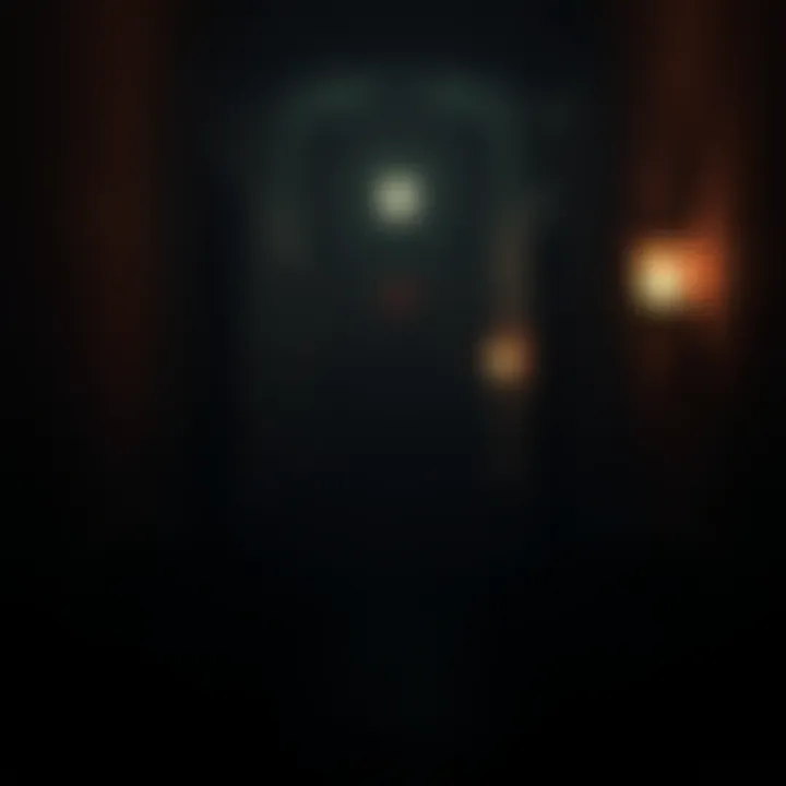 A dark hallway with flickering lights and shadowy figures, hinting at cut eerie dialogues from the P.T. Demo.