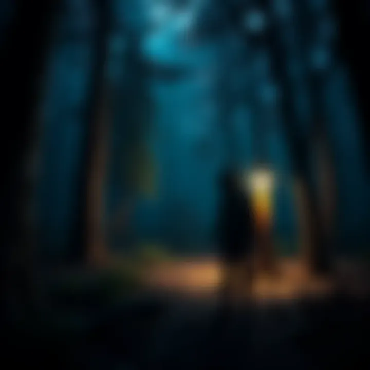 A close-up of a character exploring a tranquil but eerie forest in a video game, with dark shadows and unsettling surroundings.
