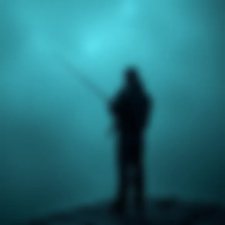 A fisherman standing alone at a foggy lake with eerie shadows on the water