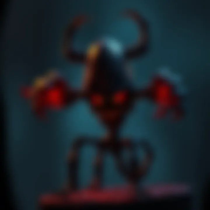 A dark and unsettling character with a scorpion-themed design and a menacing expression, standing in a shadowy environment, evoking discomfort among players.