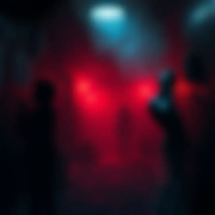 A dark, eerie atmosphere with unsettling characters and shadows hinting at horror elements, representing unique horror games like Mouthwashing.