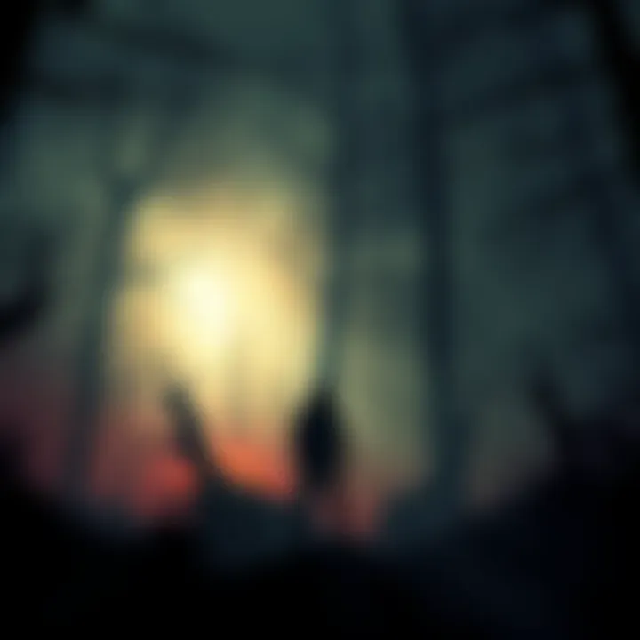 A dark and eerie forest with unsettling shadows and fog, hinting at hidden dangers. A lone character stands in the foreground, looking tense and alert.