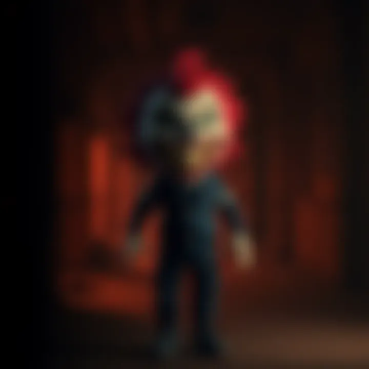 Creepy mascot in a dark setting A sinister-looking mascot character with exaggerated features standing in a dimly lit environment, evoking a sense of unease and horror.