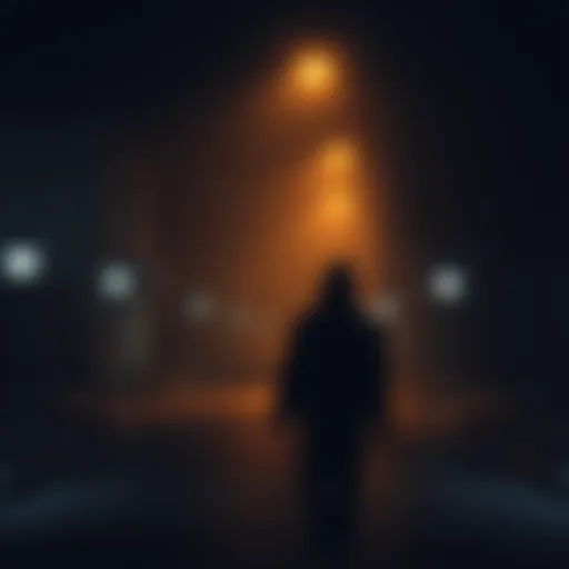A person walking on a dark street with a shadowy figure in the background, under a streetlight.