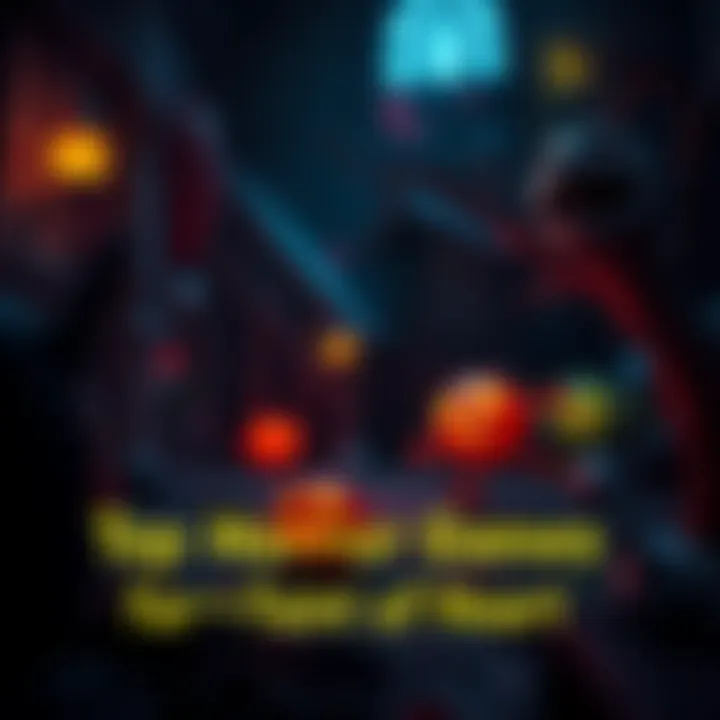 A dark, atmospheric setting with a whimsical character navigating through a shadowy environment filled with quirky, spooky elements.