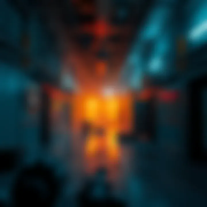 Interior of the Sim Lab showing empty hallways and flickering lights, highlighting its eerie atmosphere