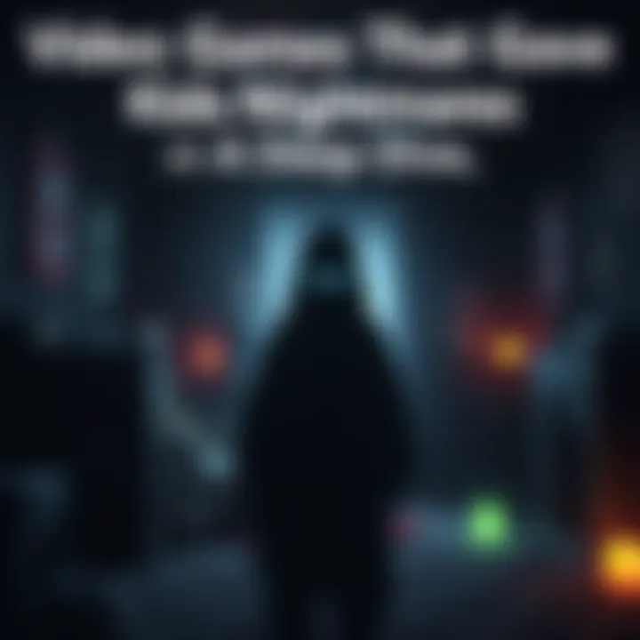 A shadowy figure with glowing eyes stands in a dimly lit room surrounded by eerie objects, capturing the unsettling vibe of childhood nightmares from video games.