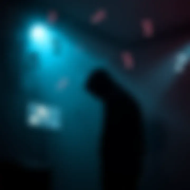 A dark and eerie scene featuring a shadowy figure in a gaming environment, surrounded by haunting visuals and musical notes floating in the air.