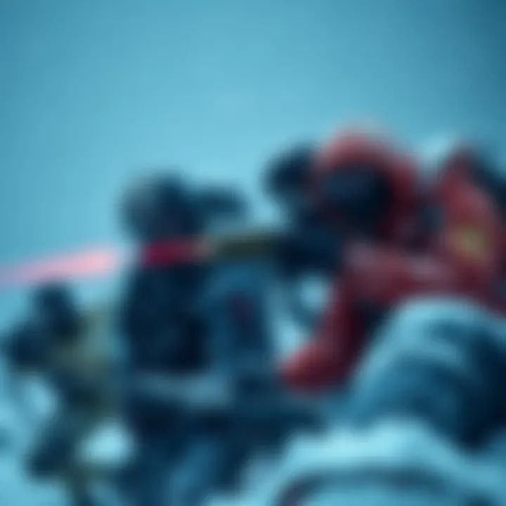 Crew attacking in snowy conditions A group strategizing for a crew attack in heavy snow, with weapons ready and snowflakes falling around.