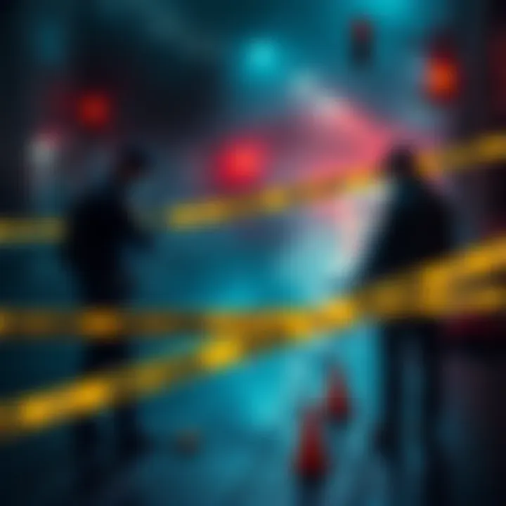 Police investigating a strange crime scene with caution tape and evidence markers