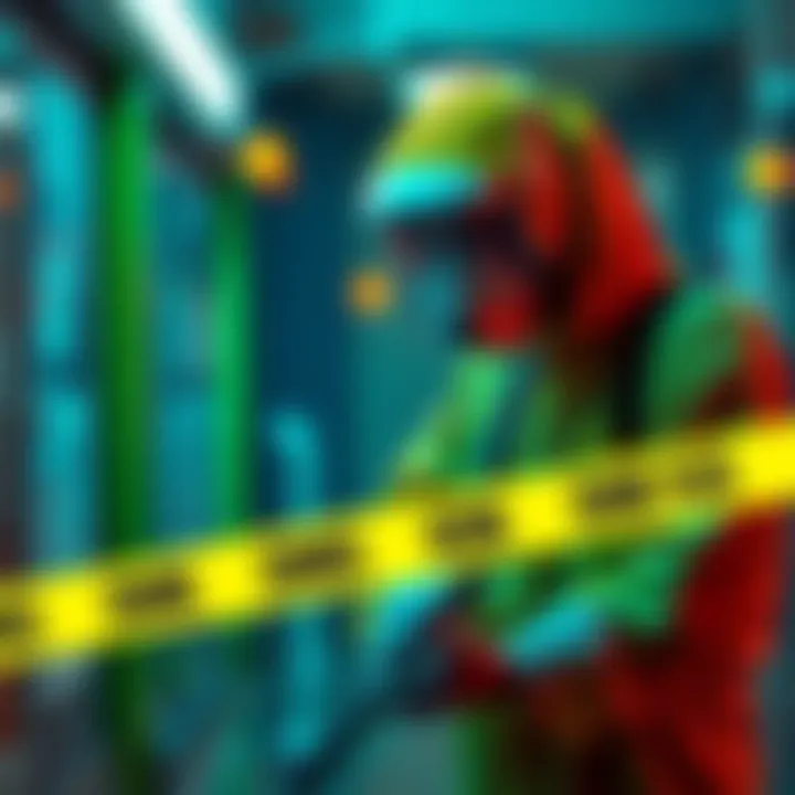 A professional crime scene cleaner wearing protective gear, cleaning a crime scene with specialized equipment, highlighting the seriousness of their job.