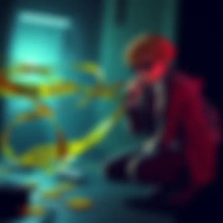 A character in a stylish outfit investigates a crime scene with clues scattered around