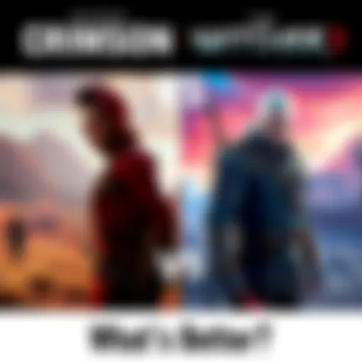 A split view showing characters from Crimson Desert on one side and The Witcher 3 on the other, with a vibrant open world background for each game.