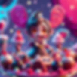 A colorful character from the Crimson Dessert game surrounded by sweets and desserts