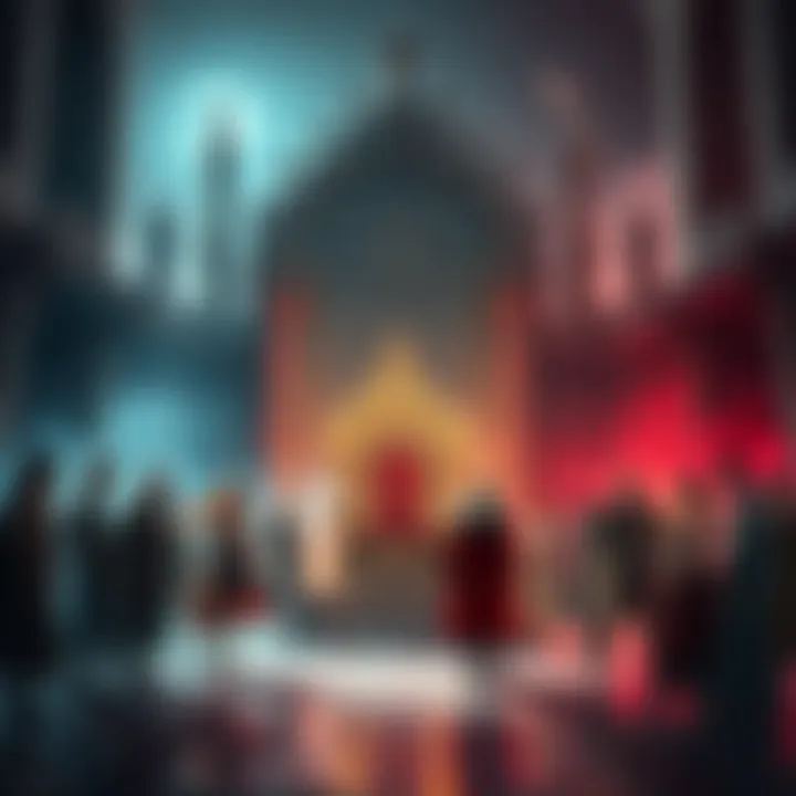 A group of diverse characters standing before a grand crimson throne, surrounded by an ancient castle setting, reflecting a sense of adventure and intrigue.