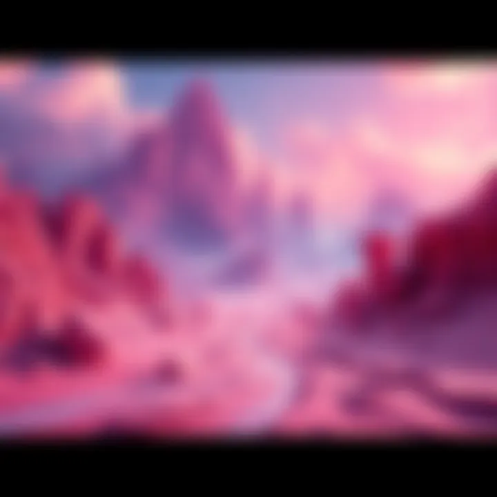 Scene showing AI-generated art that was mistakenly included in Crimson Desert, depicting a fantasy landscape with unreal colors and shapes.