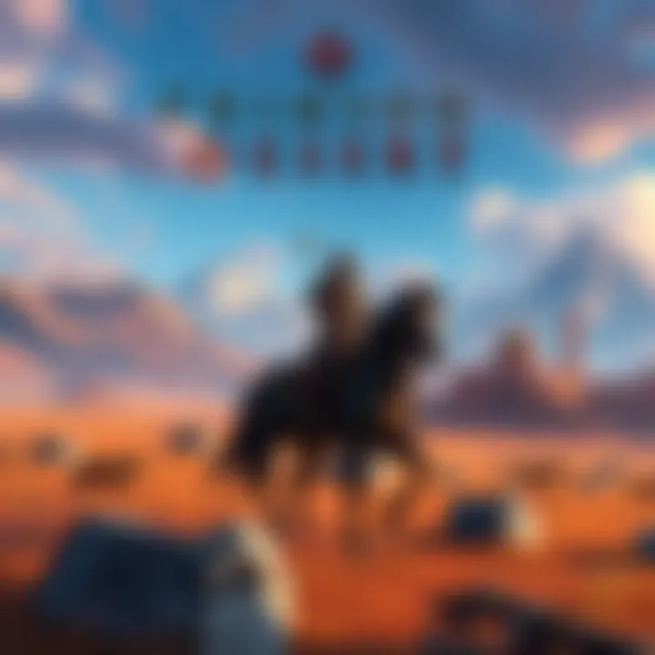 A vibrant fantasy landscape featuring a warrior on horseback in an expansive open world, showcasing elements like mountains, forests, and ancient ruins.