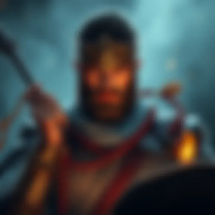A warrior holding rosary beads while preparing for battle against Crisanta, showing determination and focus.