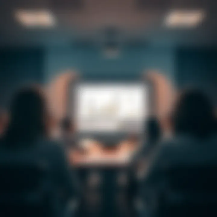 A group of diverse people in a meeting discussing crisis management strategies with charts and graphs on a projector screen.