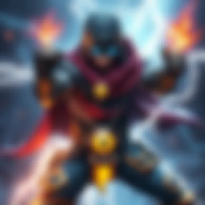 A character showcasing a crit thunder build, equipped with the God charm, in an action pose with lightning effects.