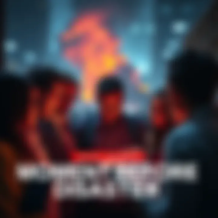 A group of people assessing signs of an impending disaster, looking concerned and gathering information in a tense environment.