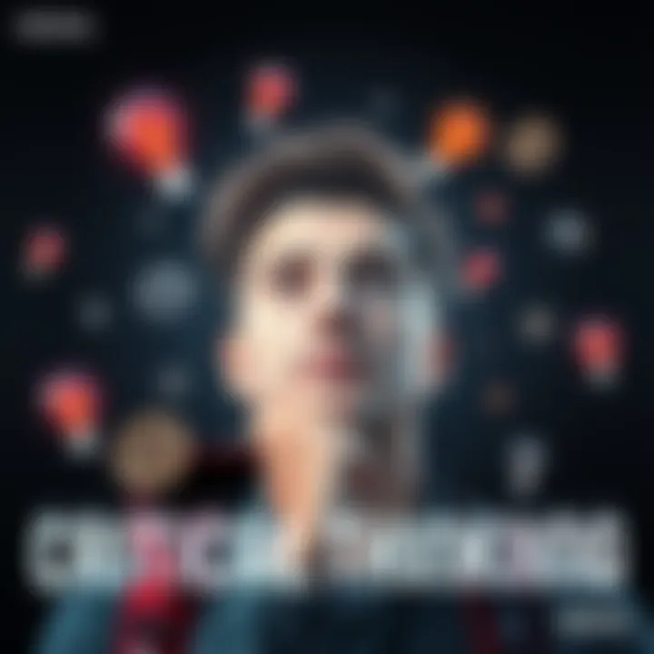 A person deep in thought, surrounded by symbols of decision-making and personal growth, like light bulbs and gears.