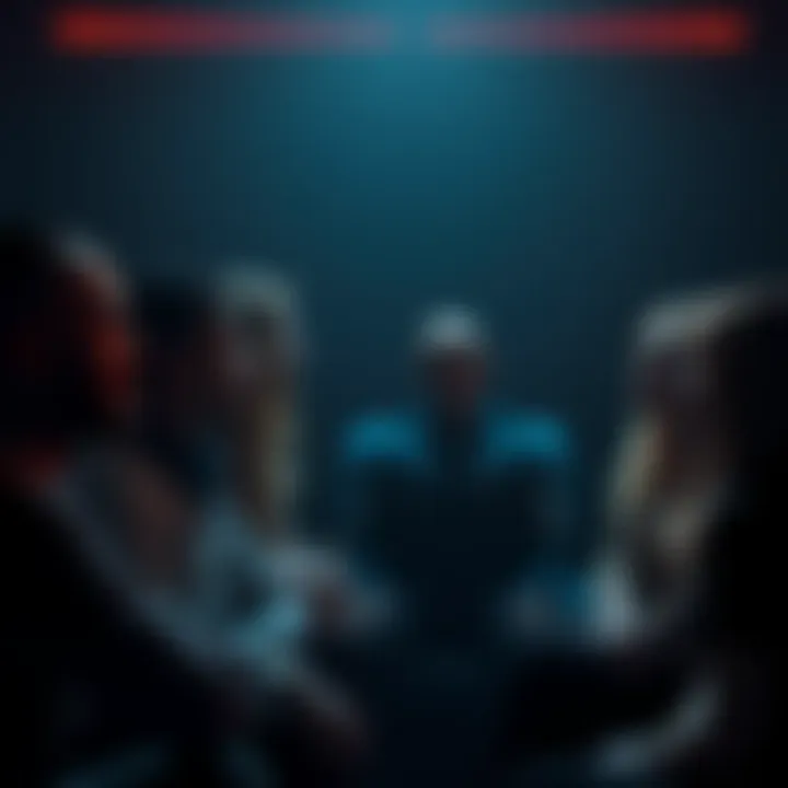 A group of people discussing negativity towards Shadows in a dimly lit room, expressing intense emotions.