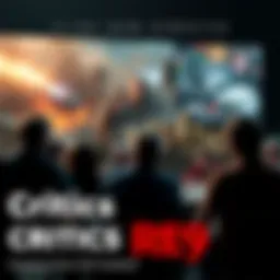 A group of game critics debating the flaws of RE9, with a backdrop of game scenes showing dull environments and frustrating mechanics.