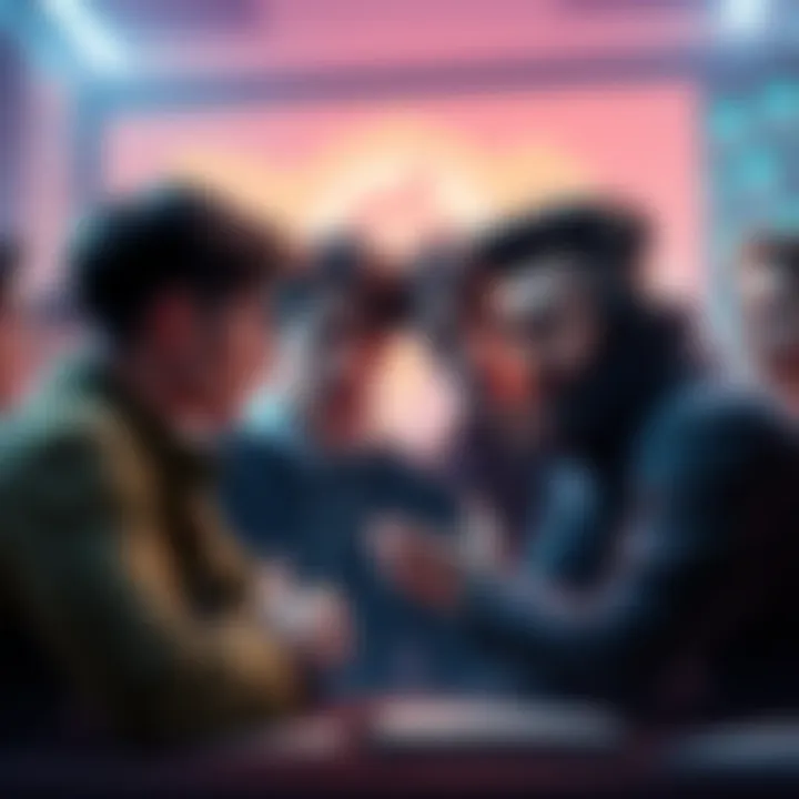 Critique of New Gambit Card A group of gamers discussing the New Gambit card, showing expressions of confusion and disagreement.