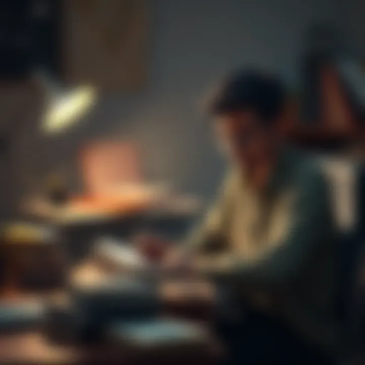 A person sitting at a desk with a notepad, looking frustrated while reading a confusing text. Books are scattered around.