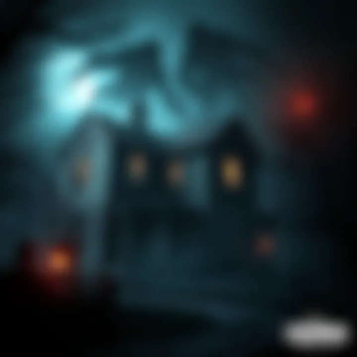 A dark and eerie landscape featuring a haunted house and ominous shadows, representing the horror theme of CRONOS by Bloober Team.