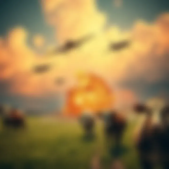 A surreal landscape depicting cropdusters flying over an absurd explosion of cows A humorous and ironic depiction of economic challenges illustrated by cropdusters and exploding cows