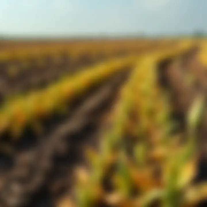 Fields of crops showing signs of blight damage, with wilted plants and patches of unhealthy soil