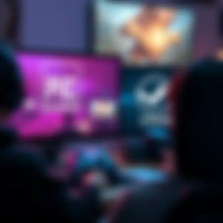 A gamer using a computer with Epic Games and Steam logos on the screen, showing friends connecting in a multiplayer game.