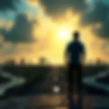 A person contemplating a decision at a crossroads surrounded by paths