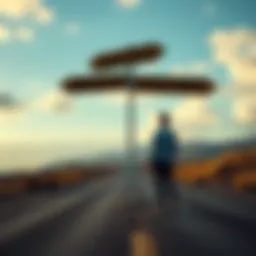 Person standing at a crossroads A person contemplating choices at a fork in the road with signs pointing in different directions