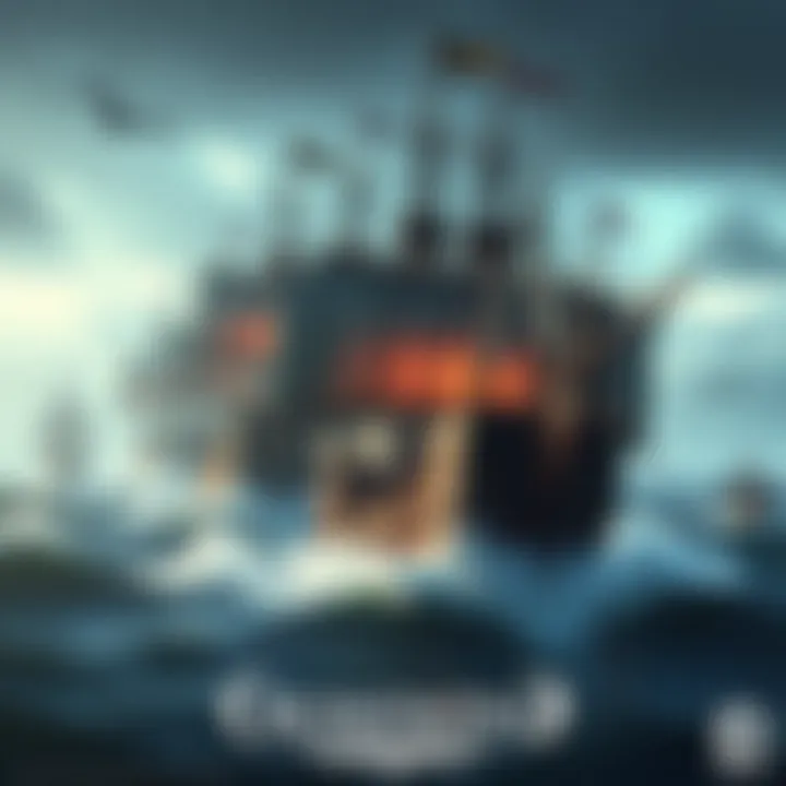A screenshot from the Alpha Test Trailer of Crosswind showing pirate ships battling on stormy seas with players using survival tactics.