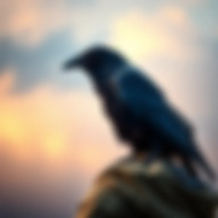 A crow perched on a person's shoulder, sharing thoughts through telepathy in a fantasy setting.