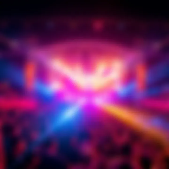 Crowd Excited for Event A large crowd of people are gathered, eagerly looking at a stage with colorful lights and decorations, creating a festive atmosphere.