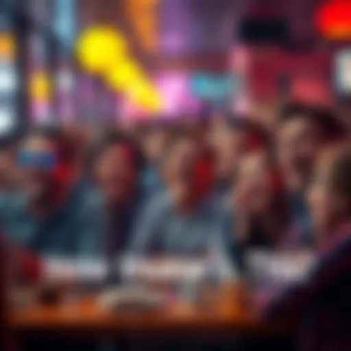 People in a cafe reacting with shock and laughter to strange news articles