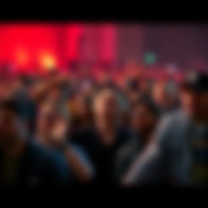 Crowd reacting with curiosity A crowd at an event displaying puzzled expressions and pointing as an unusual incident occurs nearby
