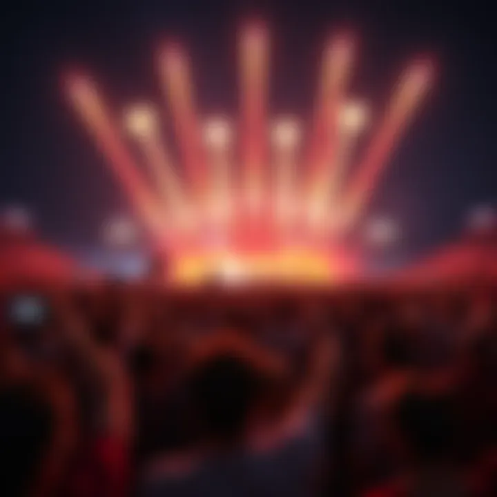 A large group of people enthusiastically supporting Wolfpack while missile displays light up the sky