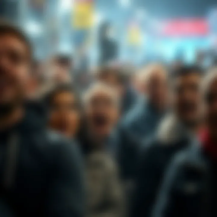 A crowd of people with shocked expressions, reacting to an unexpected event happening in front of them.