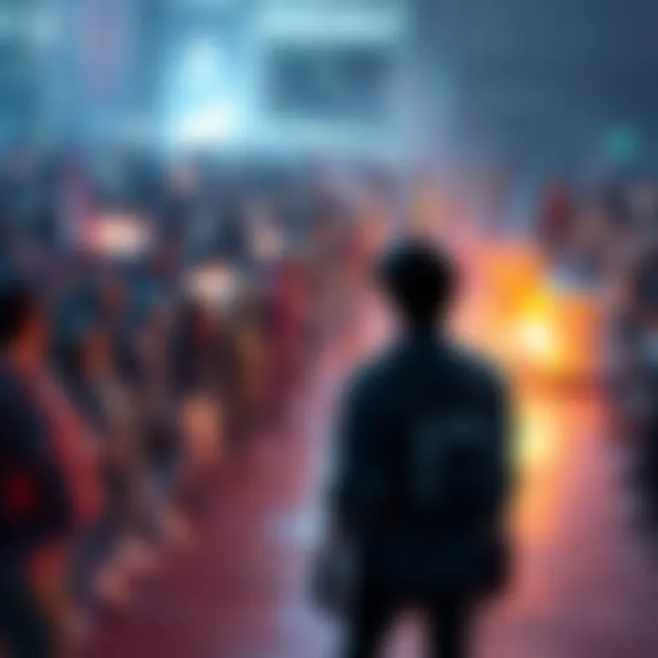 Crowded game area A group of players gather at a point of interest in a video game, while a solo player looks on, feeling outnumbered.